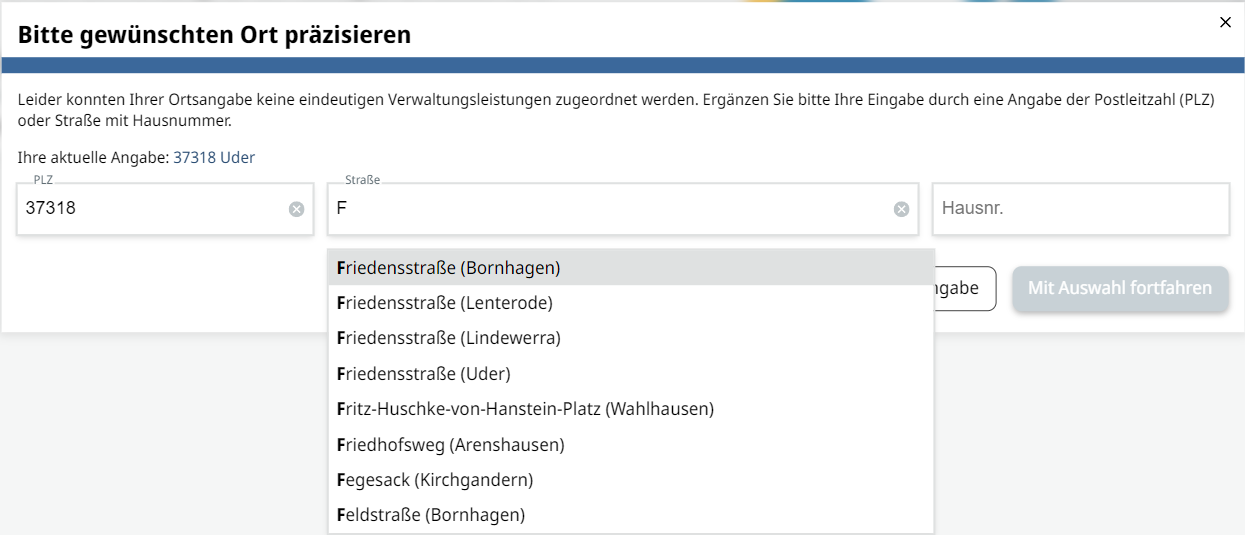 Beispiel für eine Straßensuche