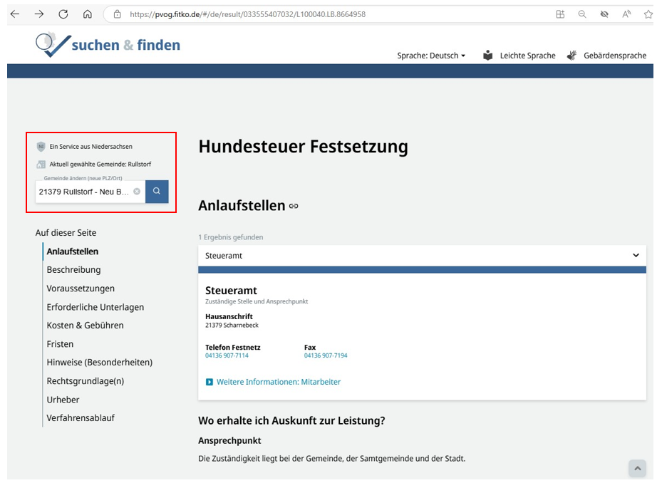 Beispiel für die Suche nach einer Verwaltungsleistung