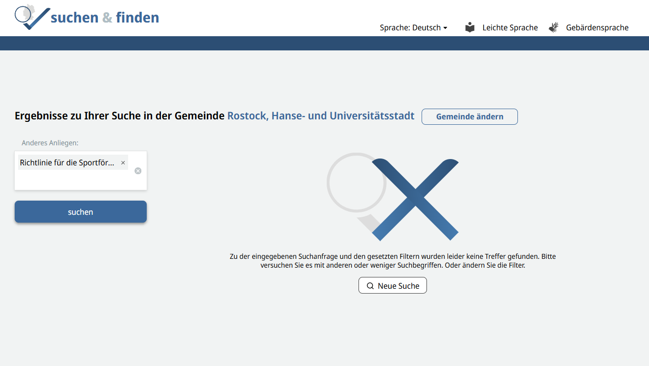 Screenshot der Suche nach &quot;Richtlinie für die Sportförderung&quot; ohne Ergebnisse