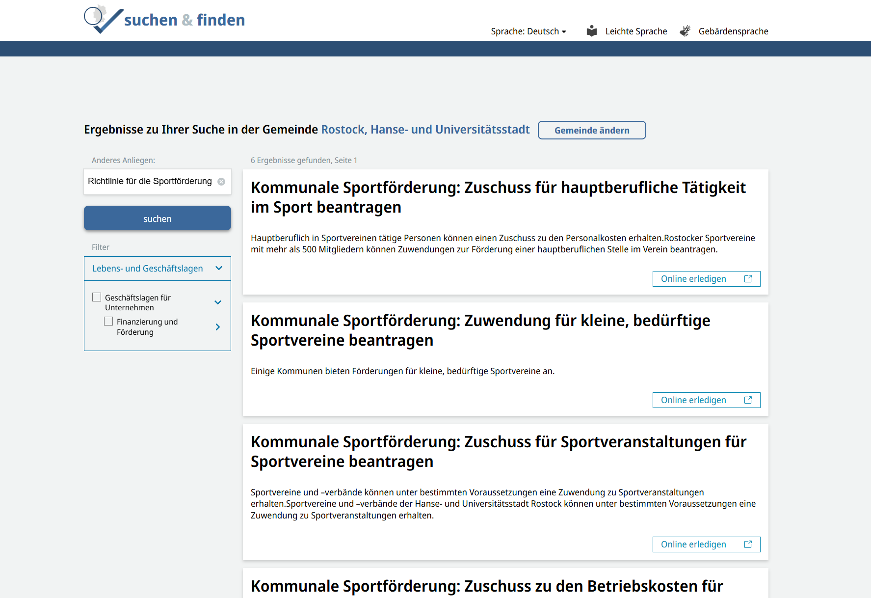 Screenshot der Suche nach &quot;Richtlinie für die Sportförderung&quot; mit Ergebnissen